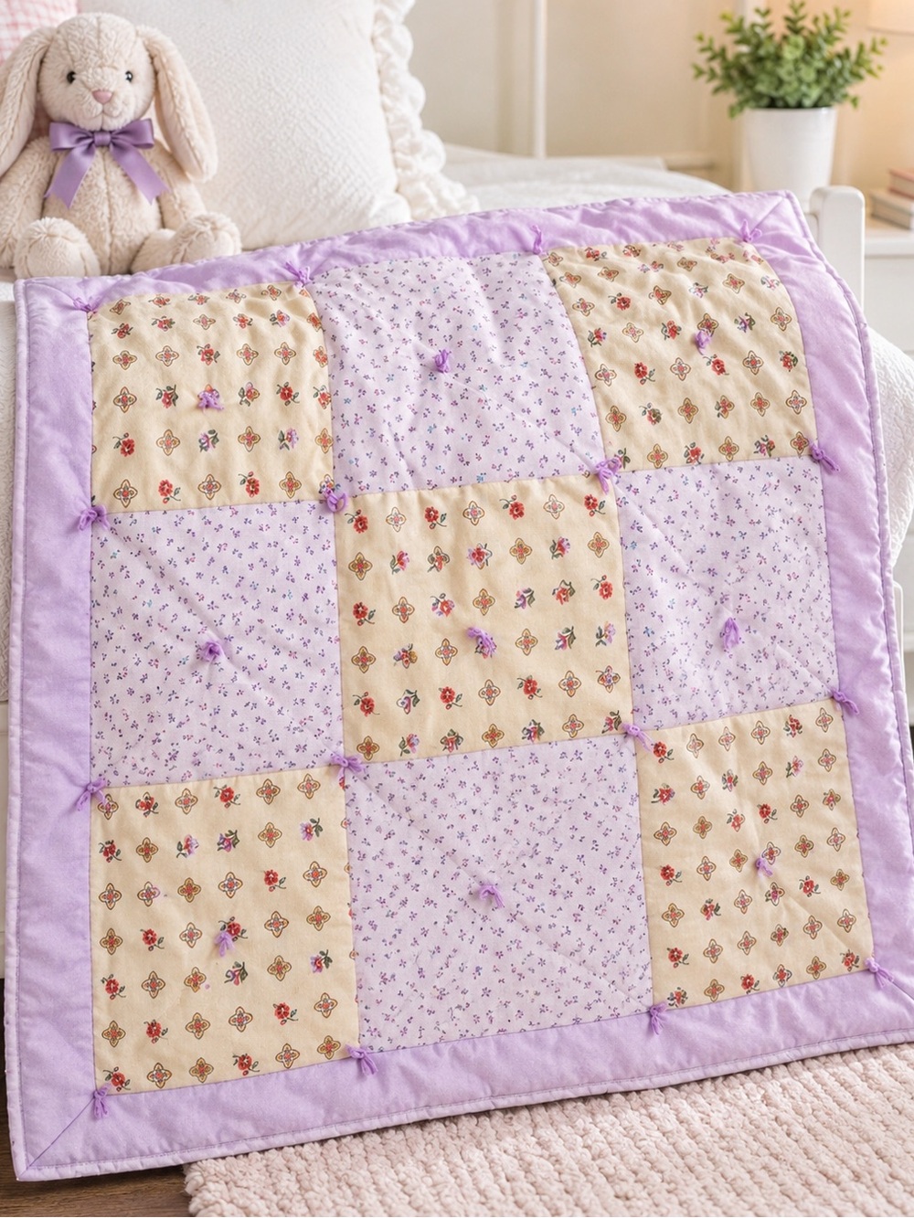 Handmade Baby Quilt 32x40 Lavender Floral Patchwork Butterfly Backing